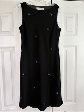 Evan Picone Black Midi Dress with Blue Beaded Embellishments 12P